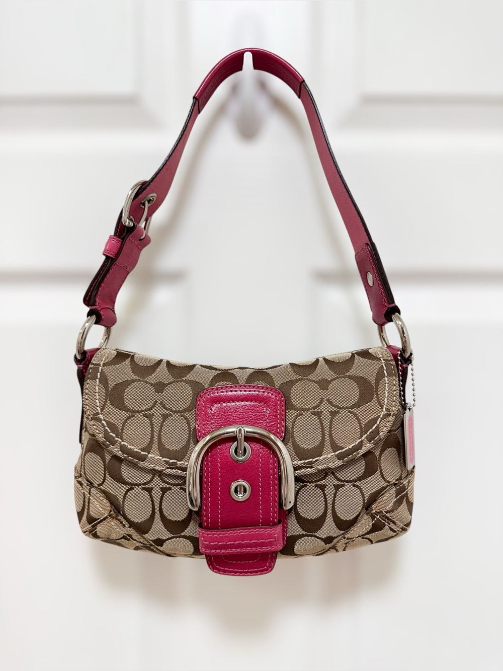 Coach Soho Buckle Flap‎ Shoulder Bag Khaki Pink Leather Y2K 11860